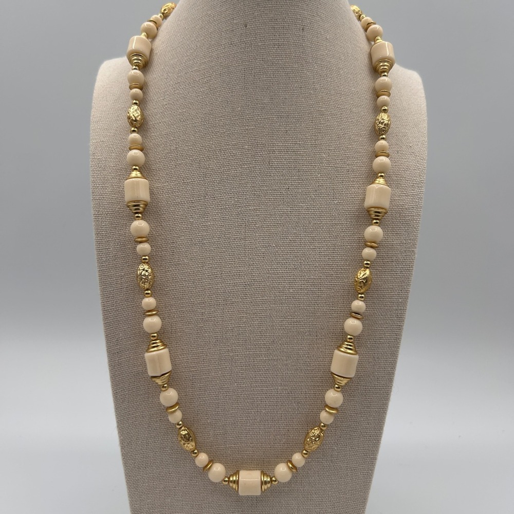 Vintage Cream and Gold Tone Beaded Necklace Barrel Round Bead Strand 24"